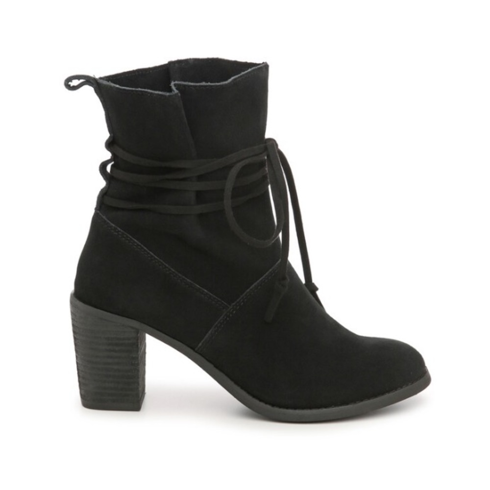 Toms Mila Black Suede Ankle Tie Block Heel Ankle Booties